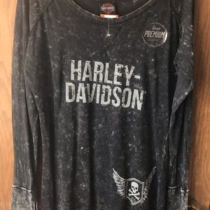 Long sleeve distressed Harley Davidson scoop neck